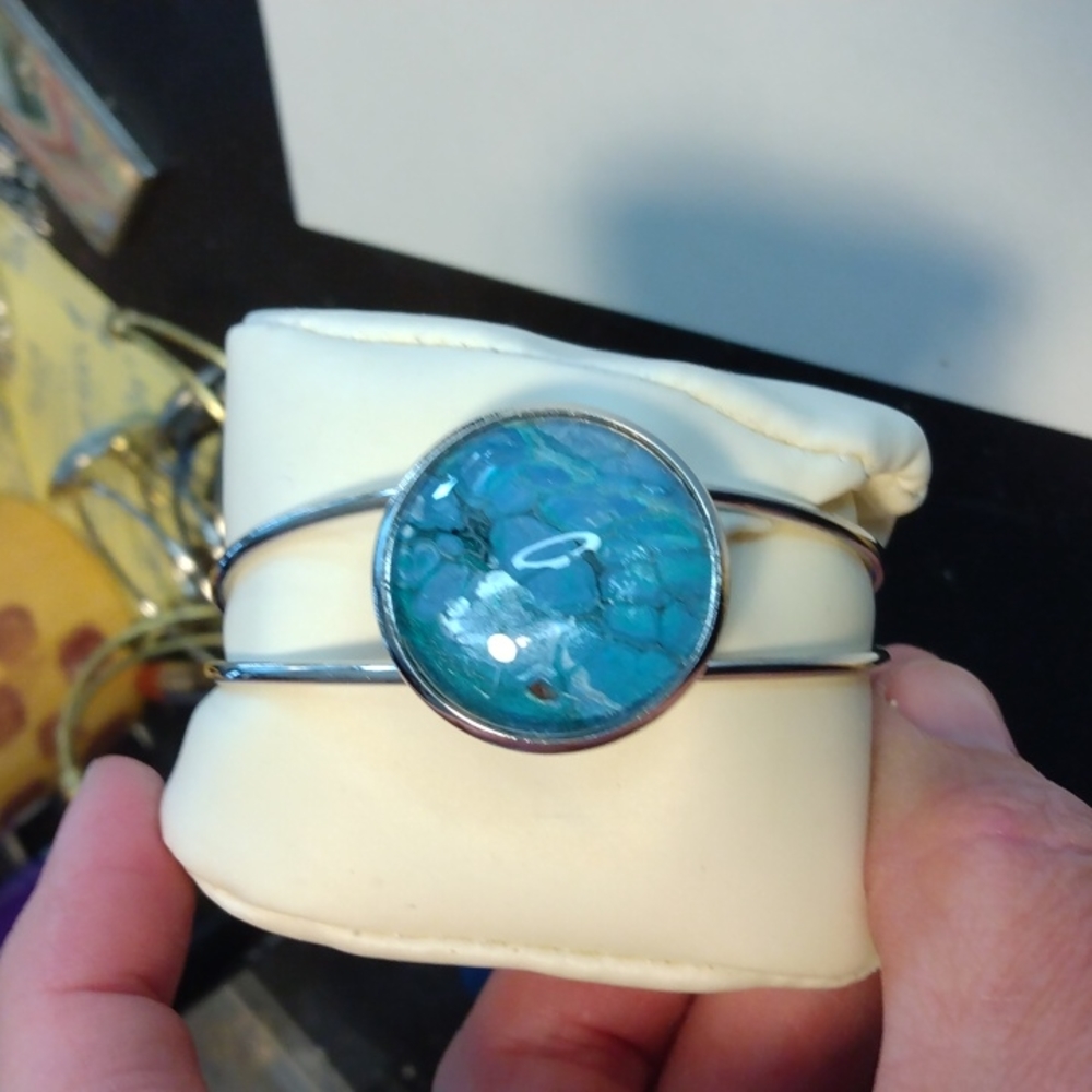 One of a kind design Silver Cuff bracelet, blue, black, green, white